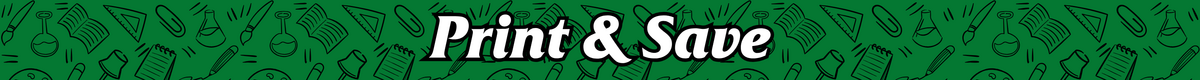 website banner with school supplies background that says "print & save"